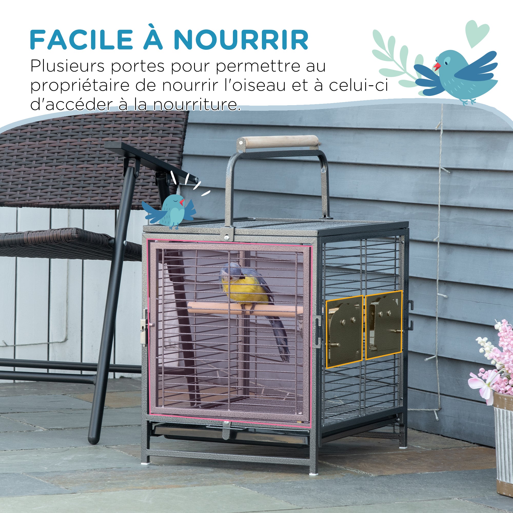 Steel Parrot Transport Cage, Bird Cage with 2 Stainless Steel Bowls, 2 Wooden Perches, Removable Bottom Tray, for Cockatiels, Conures, African Greys, Black