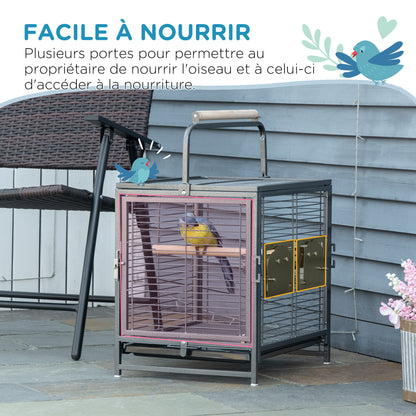 Steel Parrot Transport Cage, Bird Cage with 2 Stainless Steel Bowls, 2 Wooden Perches, Removable Bottom Tray, for Cockatiels, Conures, African Greys, Black