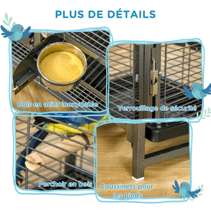 Steel Parrot Transport Cage, Bird Cage with 2 Stainless Steel Bowls, 2 Wooden Perches, Removable Bottom Tray, for Cockatiels, Conures, African Greys, Black