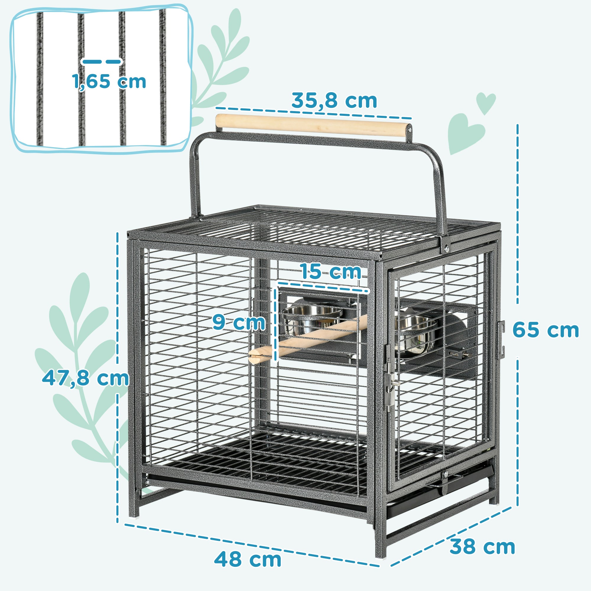 Steel Parrot Transport Cage, Bird Cage with 2 Stainless Steel Bowls, 2 Wooden Perches, Removable Bottom Tray, for Cockatiels, Conures, African Greys, Black