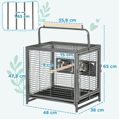 Steel Parrot Transport Cage, Bird Cage with 2 Stainless Steel Bowls, 2 Wooden Perches, Removable Bottom Tray, for Cockatiels, Conures, African Greys, Black