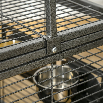 Steel Parrot Transport Cage, Bird Cage with 2 Stainless Steel Bowls, 2 Wooden Perches, Removable Bottom Tray, for Cockatiels, Conures, African Greys, Black