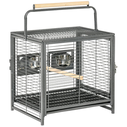 Steel Parrot Transport Cage, Bird Cage with 2 Stainless Steel Bowls, 2 Wooden Perches, Removable Bottom Tray, for Cockatiels, Conures, African Greys, Black