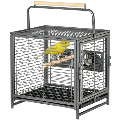 Steel Parrot Transport Cage, Bird Cage with 2 Stainless Steel Bowls, 2 Wooden Perches, Removable Bottom Tray, for Cockatiels, Conures, African Greys, Black
