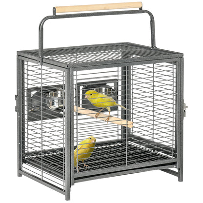 Steel Parrot Transport Cage, Bird Cage with 2 Stainless Steel Bowls, 2 Wooden Perches, Removable Bottom Tray, for Cockatiels, Conures, African Greys, Black
