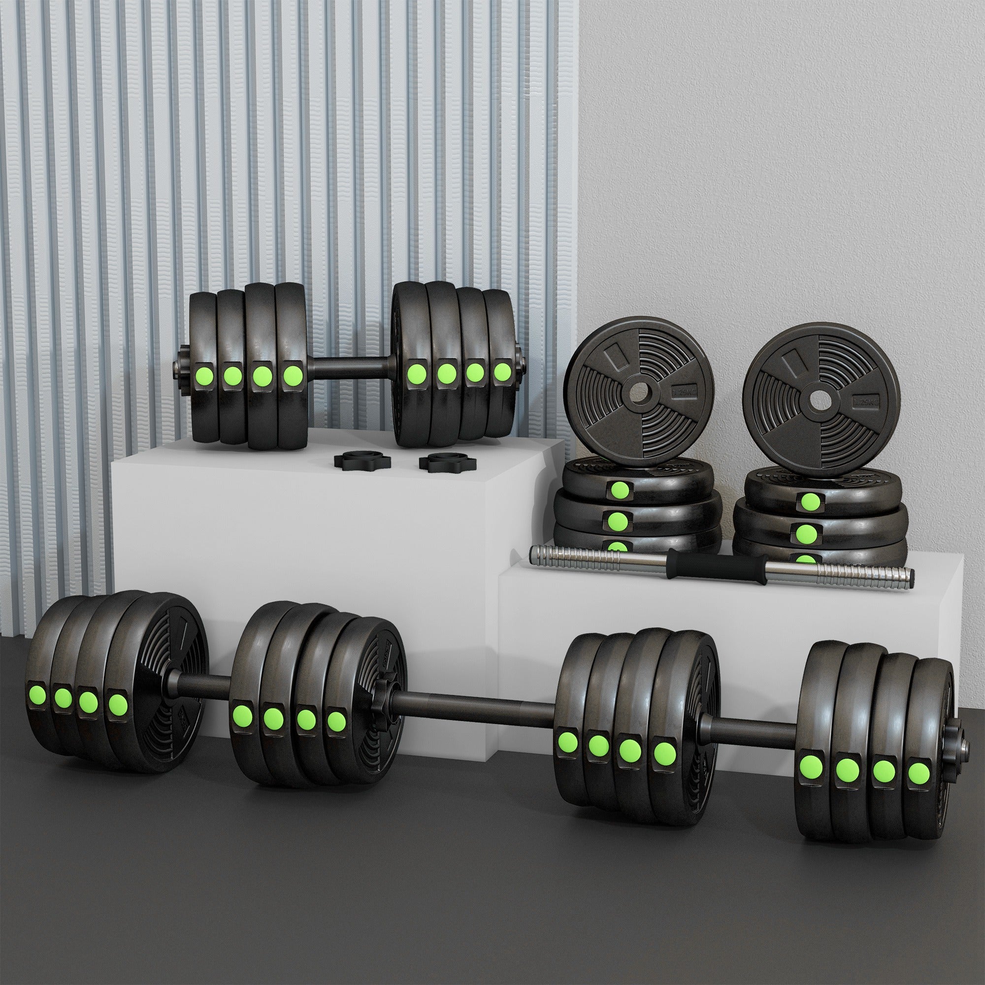 SPORTNOW 30kg Dumbbell Kit 2 in 1 Weight Set with Barbell Anti-Slip Handle Adjustable Dumbbells for Strength Training at Home Gym Office Black and Green