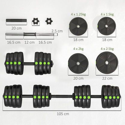 SPORTNOW 30kg Dumbbell Kit 2 in 1 Weight Set with Barbell Anti-Slip Handle Adjustable Dumbbells for Strength Training at Home Gym Office Black and Green