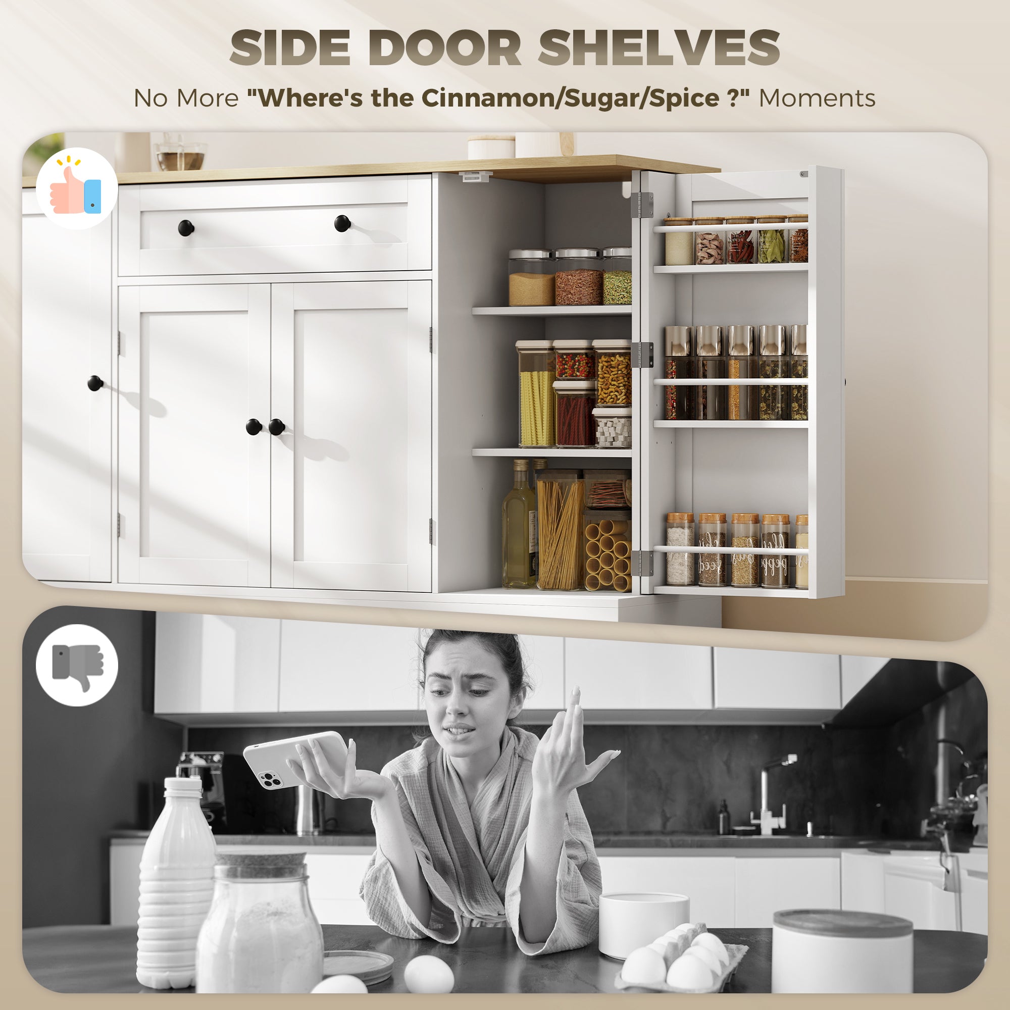 Sideboard Kitchen Cabinet with 4 Doors & Drawer, Adjustable Shelves, Door Racks Buffet Cabinet for Kitchen, Dining Room, Living Room, 138 x 40 x 85 cm (54.3" x 15.7" x 33.5"), White