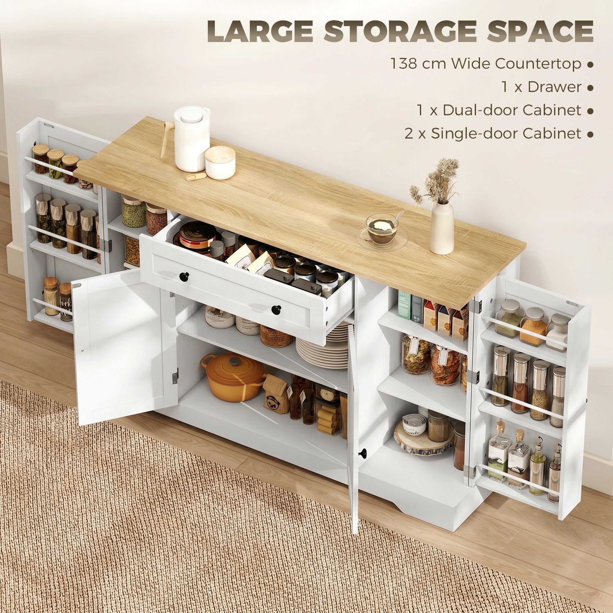 Sideboard Kitchen Cabinet with 4 Doors & Drawer, Adjustable Shelves, Door Racks Buffet Cabinet for Kitchen, Dining Room, Living Room, 138 x 40 x 85 cm (54.3" x 15.7" x 33.5"), White
