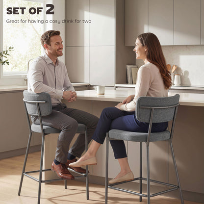 2-Piece Bar Stool Set — Upholstered Curved-Back Counter Stools with Footrest, Metal Frame, Linen-Look, 25" Seat Height, Gray
