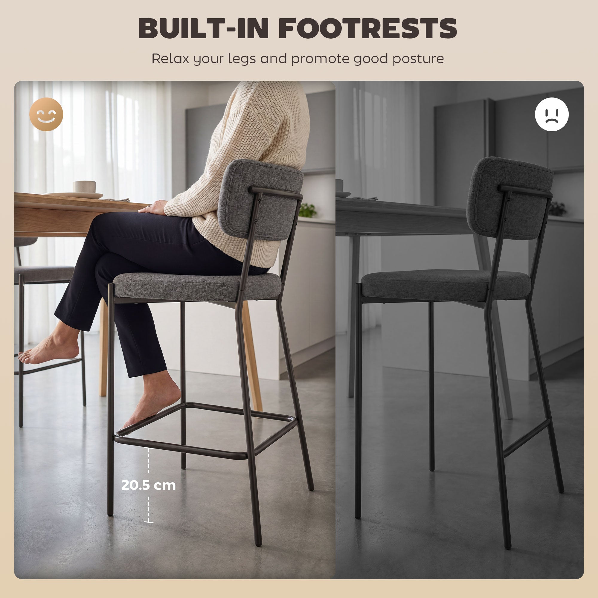 2-Piece Bar Stool Set — Upholstered Curved-Back Counter Stools with Footrest, Metal Frame, Linen-Look, 25" Seat Height, Gray