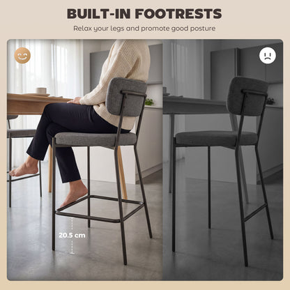 2-Piece Bar Stool Set — Upholstered Curved-Back Counter Stools with Footrest, Metal Frame, Linen-Look, 25" Seat Height, Gray