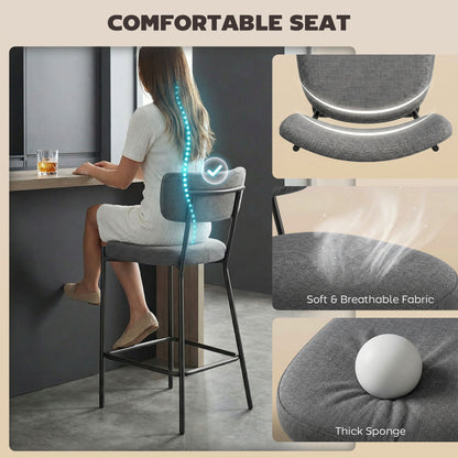 2-Piece Bar Stool Set — Upholstered Curved-Back Counter Stools with Footrest, Metal Frame, Linen-Look, 25" Seat Height, Gray