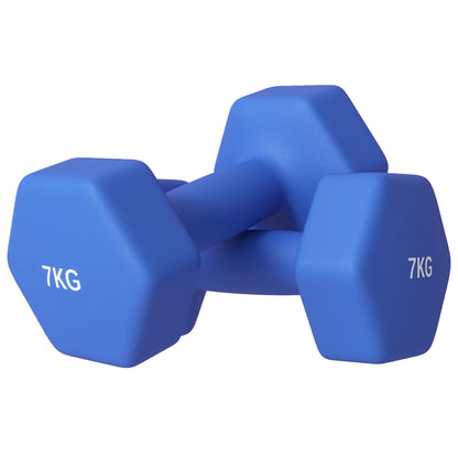 SPORTNOW Set of 2 Hexagonal Non-Slip Dumbbells 2x7 kg for Training, Gym Weights in Metal and Plastic, 22.5x10.5x10.5 cm, Blue