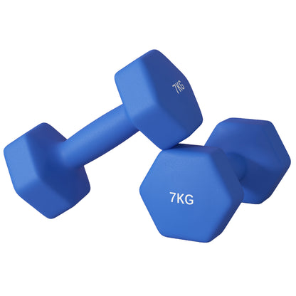 SPORTNOW Set of 2 Hexagonal Non-Slip Dumbbells 2x7 kg for Training, Gym Weights in Metal and Plastic, 22.5x10.5x10.5 cm, Blue
