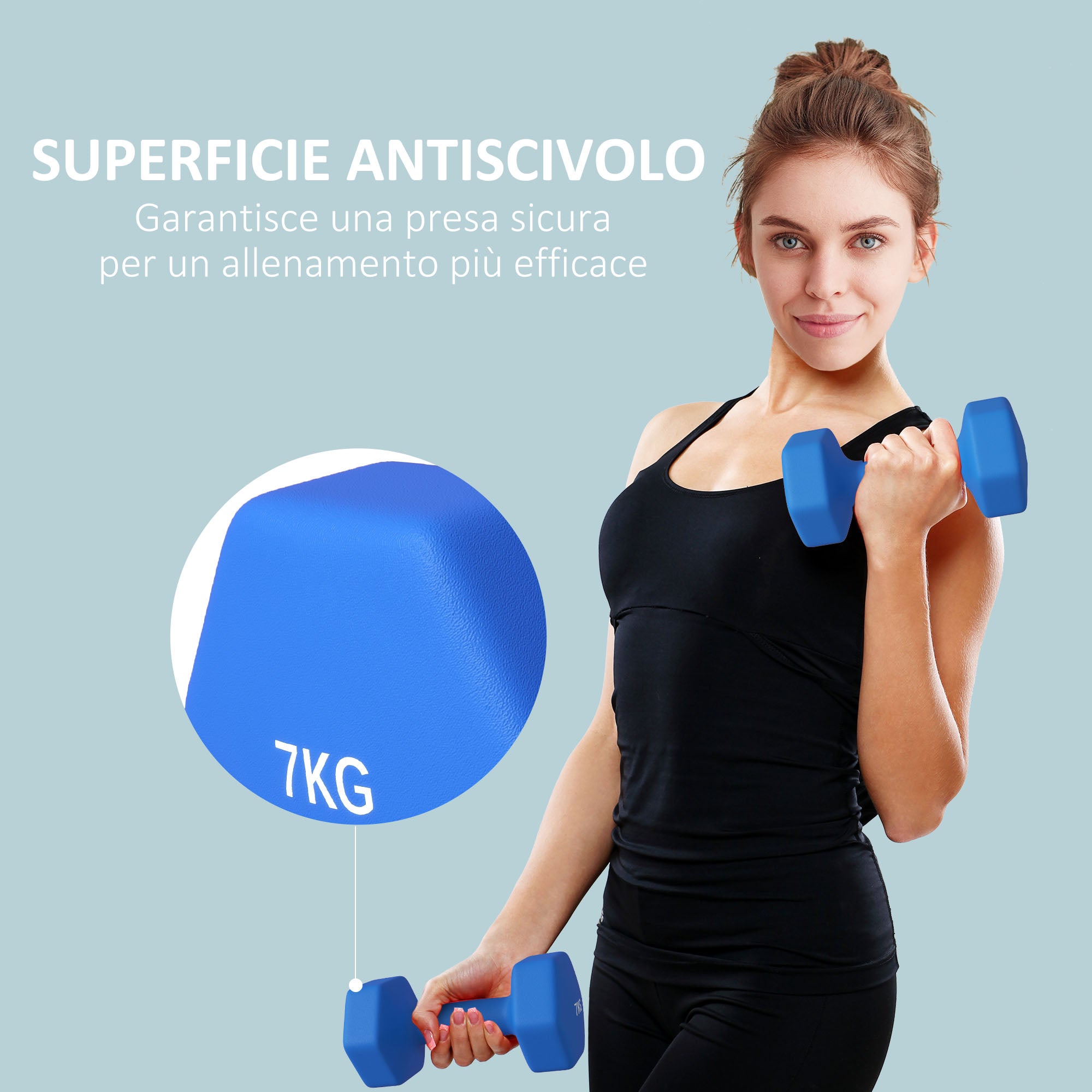 SPORTNOW Set of 2 Hexagonal Non-Slip Dumbbells 2x7 kg for Training, Gym Weights in Metal and Plastic, 22.5x10.5x10.5 cm, Blue