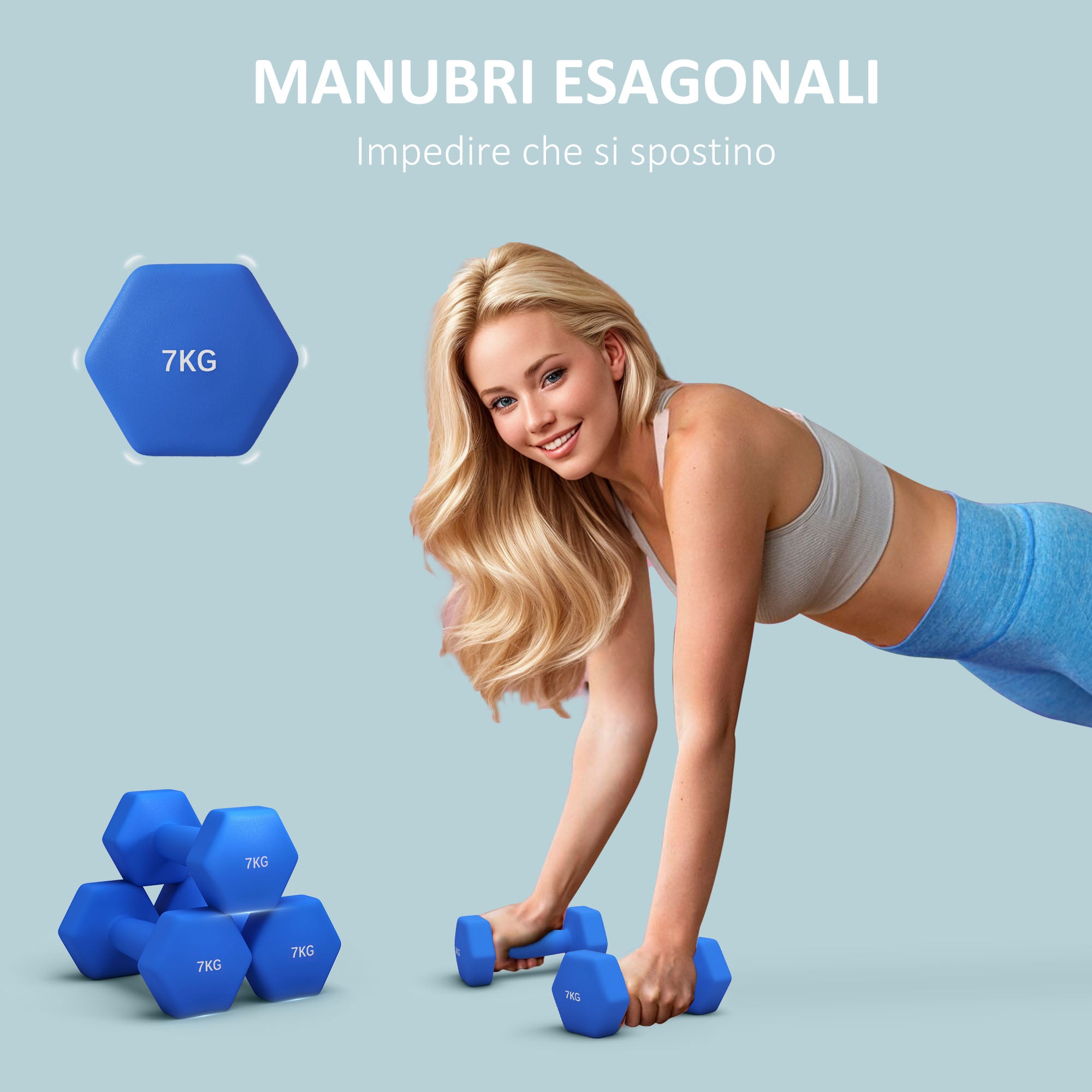 SPORTNOW Set of 2 Hexagonal Non-Slip Dumbbells 2x7 kg for Training, Gym Weights in Metal and Plastic, 22.5x10.5x10.5 cm, Blue