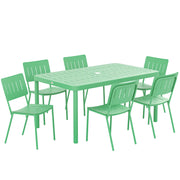 7-Piece Outdoor Garden Furniture Set, Outdoor Dining Table with 6 Chairs, 150 cm Slatted Tabletop, Rust-Resistant Steel Frame, Garden Furniture, Patio, Green