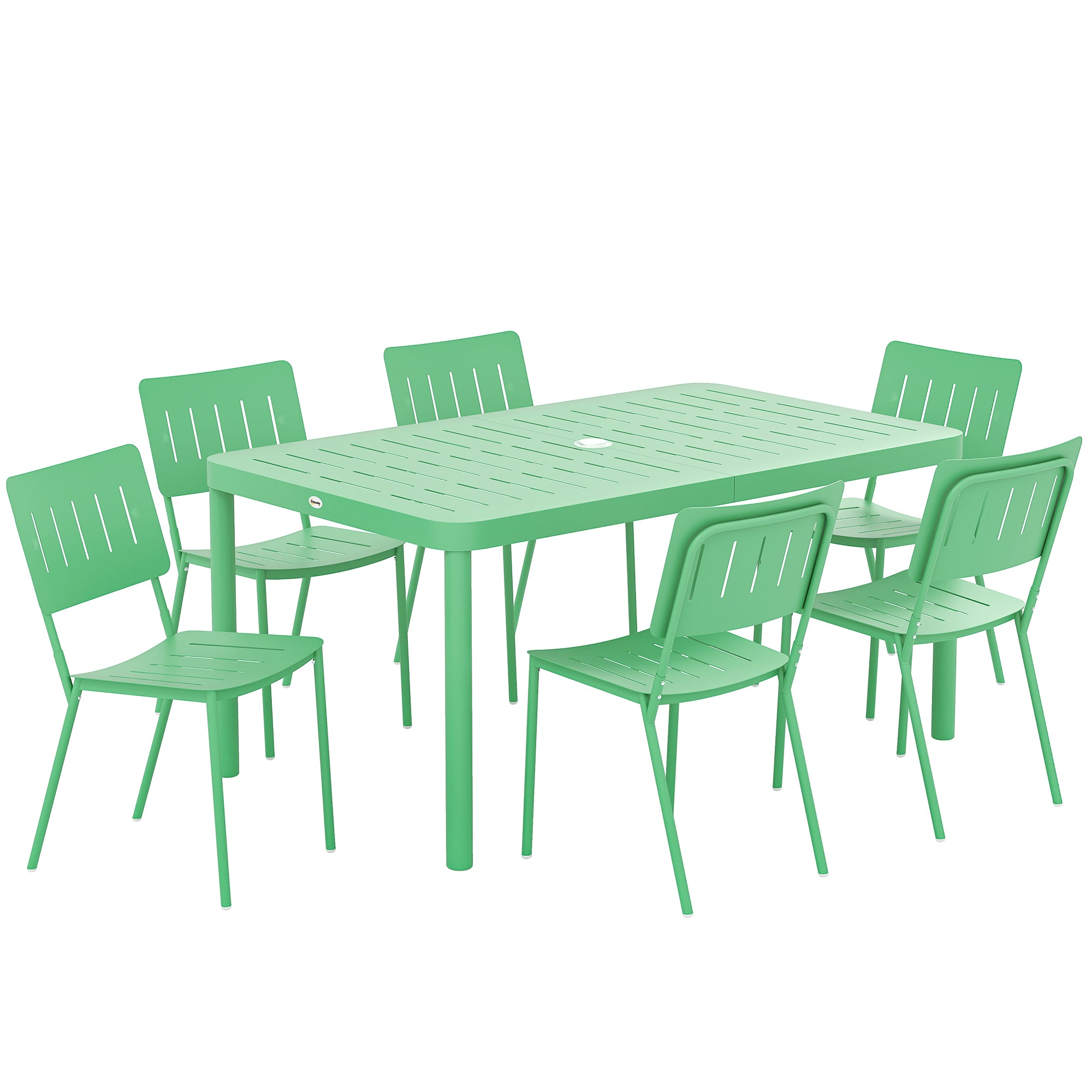 7-Piece Outdoor Garden Furniture Set, Outdoor Dining Table with 6 Chairs, 150 cm Slatted Tabletop, Rust-Resistant Steel Frame, Garden Furniture, Patio, Green