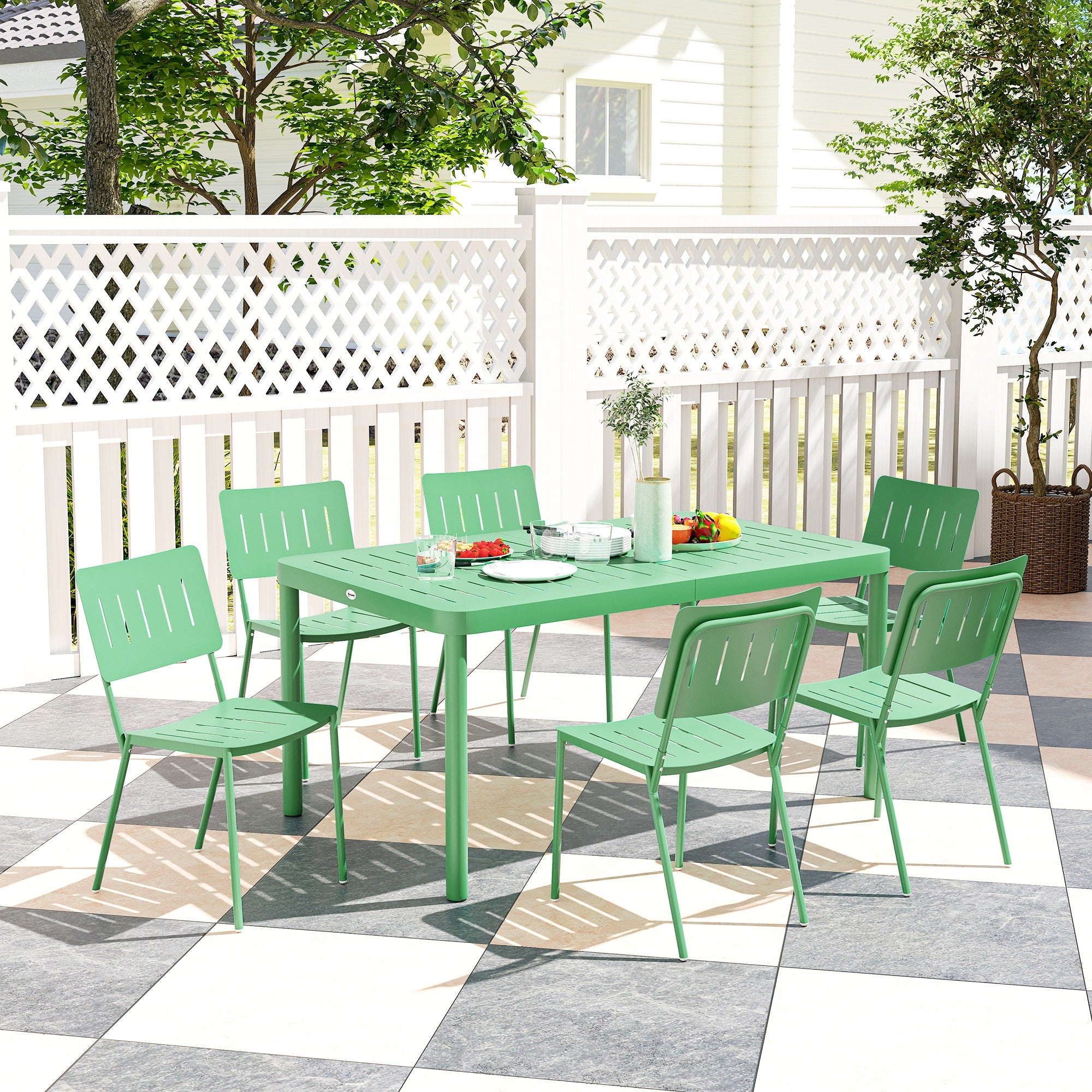 7-Piece Outdoor Garden Furniture Set, Outdoor Dining Table with 6 Chairs, 150 cm Slatted Tabletop, Rust-Resistant Steel Frame, Garden Furniture, Patio, Green