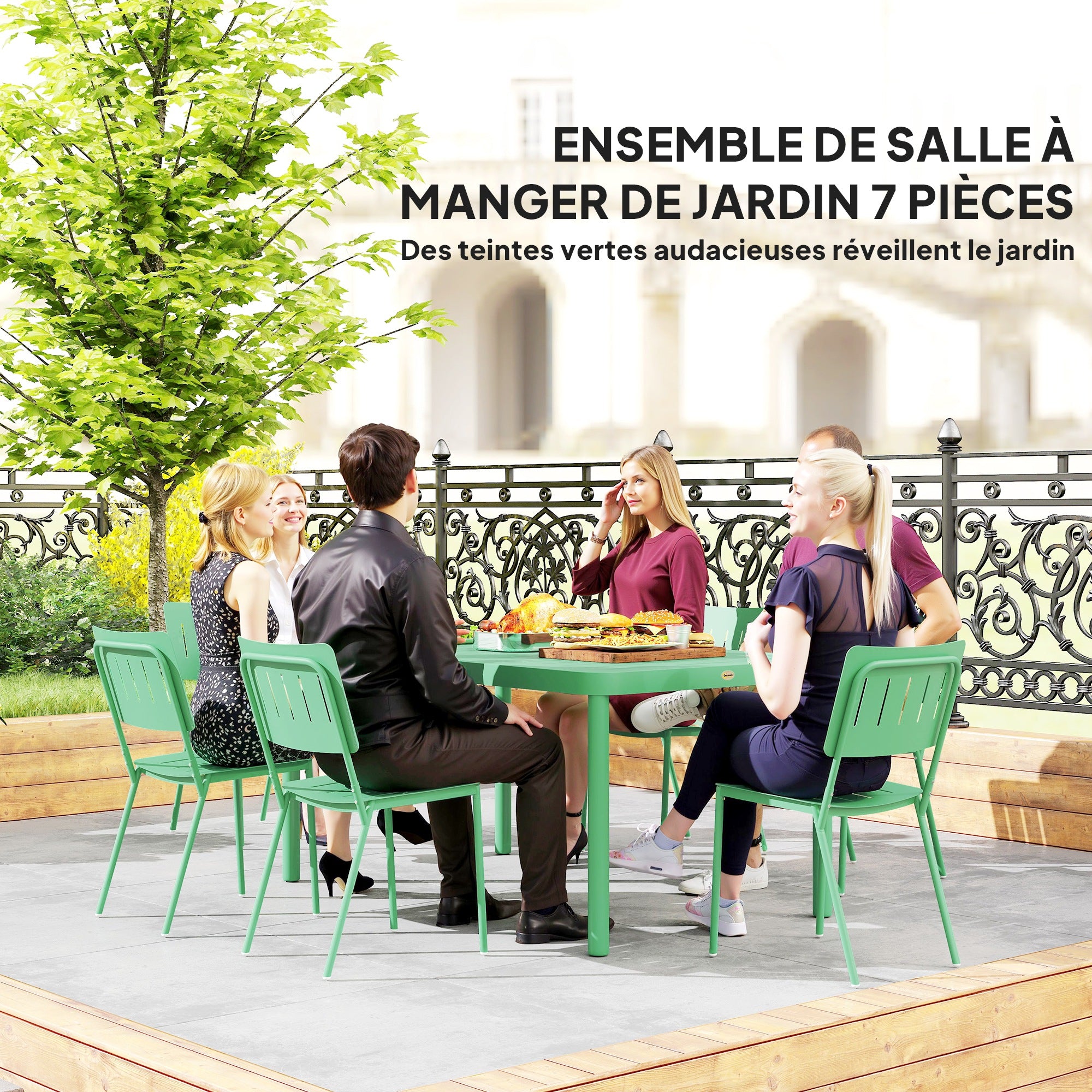 7-Piece Outdoor Garden Furniture Set, Outdoor Dining Table with 6 Chairs, 150 cm Slatted Tabletop, Rust-Resistant Steel Frame, Garden Furniture, Patio, Green