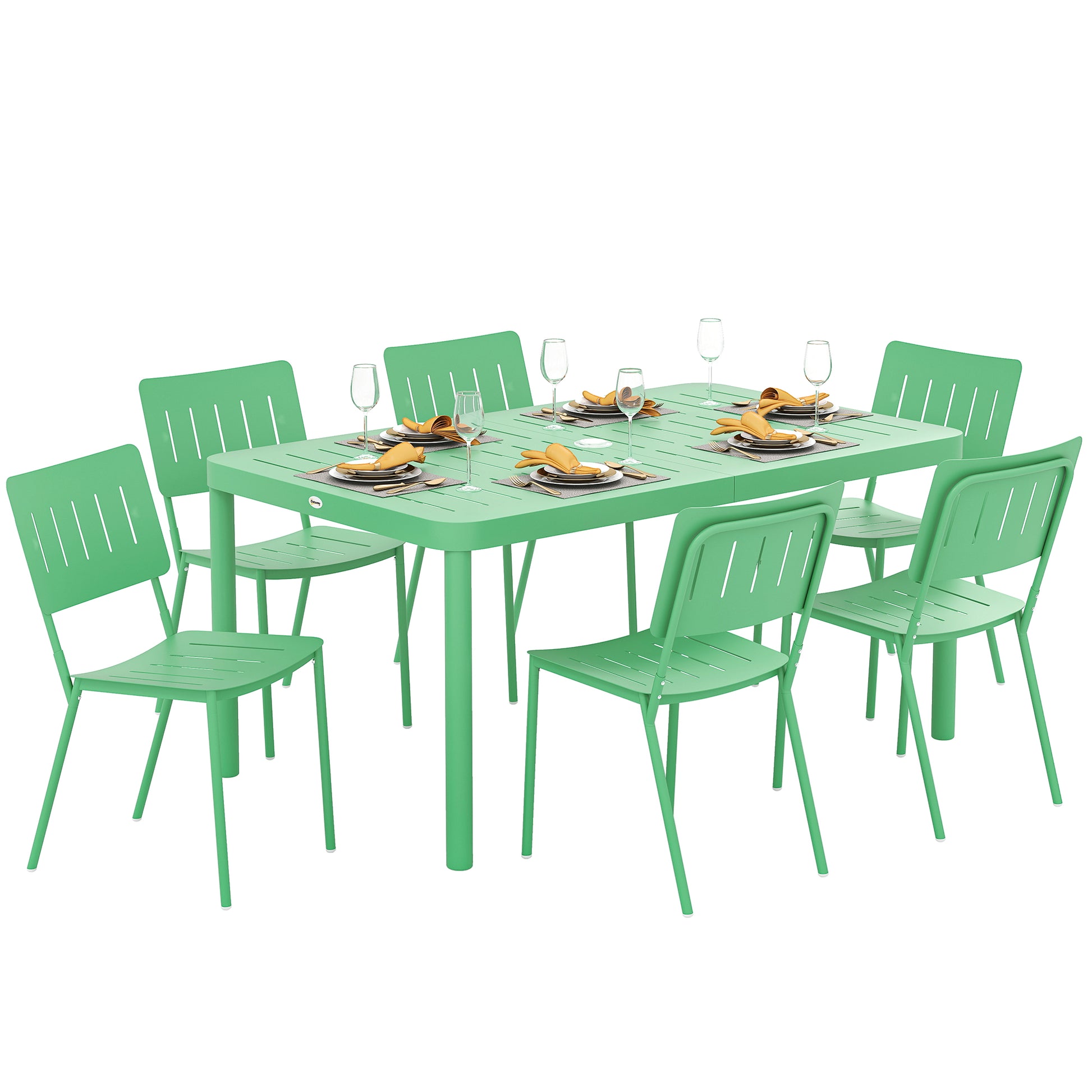 7-Piece Outdoor Garden Furniture Set, Outdoor Dining Table with 6 Chairs, 150 cm Slatted Tabletop, Rust-Resistant Steel Frame, Garden Furniture, Patio, Green