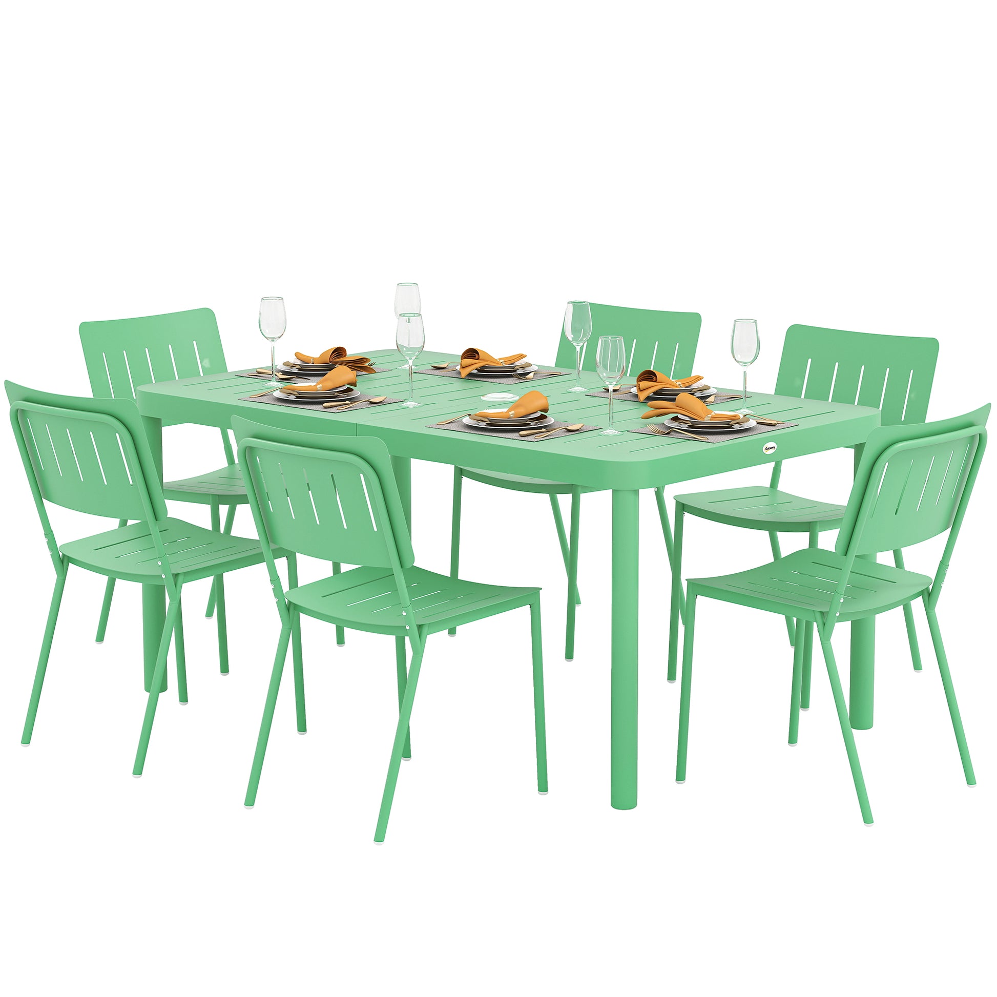 7-Piece Outdoor Garden Furniture Set, Outdoor Dining Table with 6 Chairs, 150 cm Slatted Tabletop, Rust-Resistant Steel Frame, Garden Furniture, Patio, Green