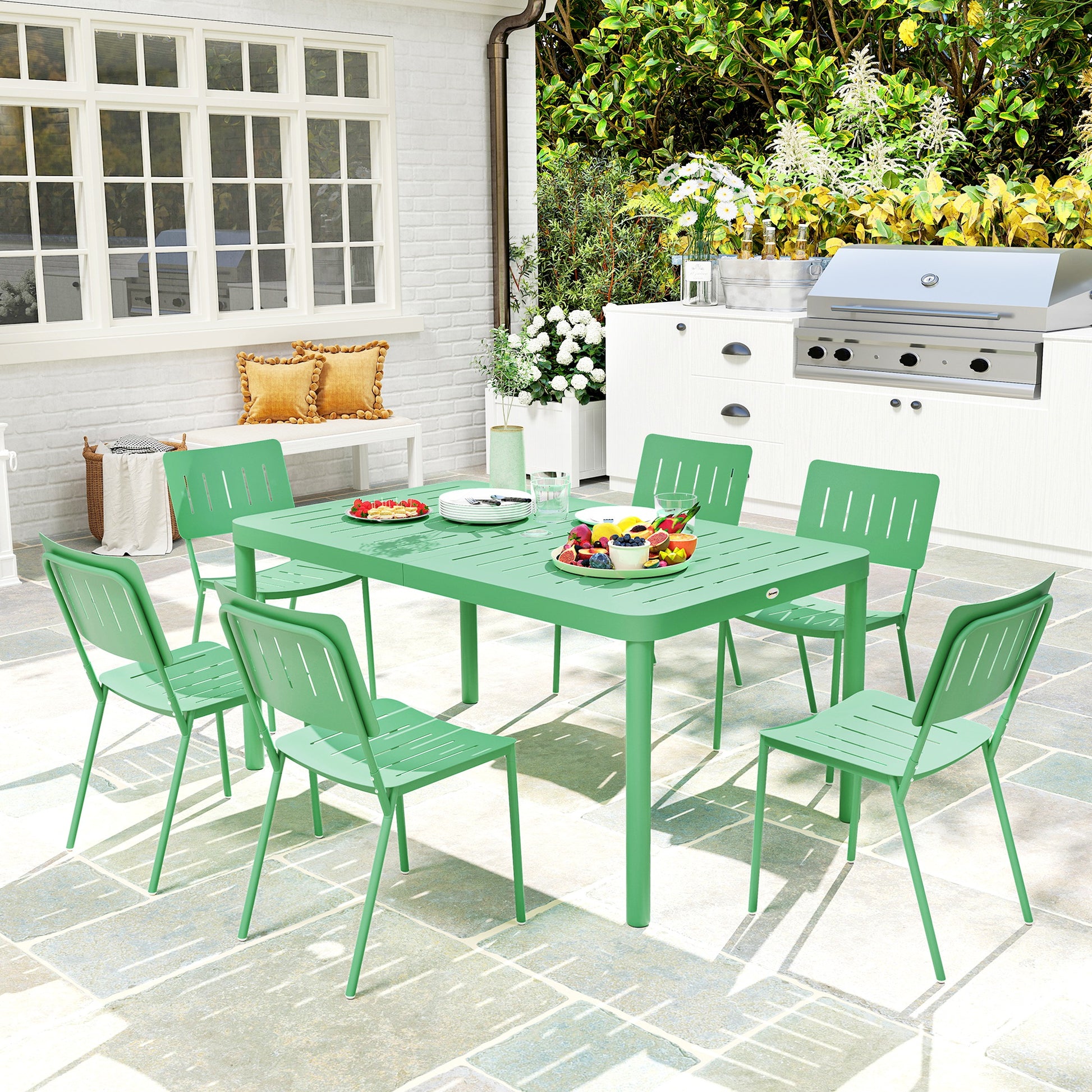 7-Piece Outdoor Garden Furniture Set, Outdoor Dining Table with 6 Chairs, 150 cm Slatted Tabletop, Rust-Resistant Steel Frame, Garden Furniture, Patio, Green