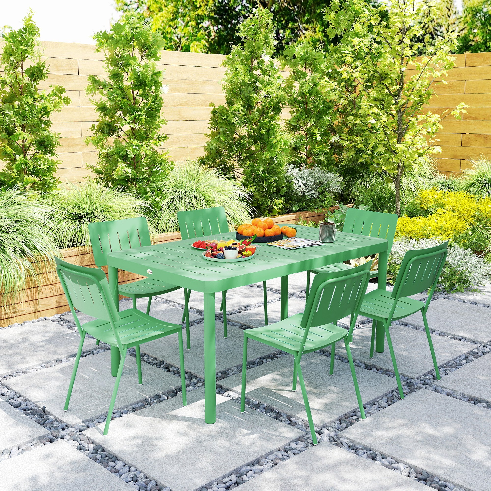 7-Piece Outdoor Garden Furniture Set, Outdoor Dining Table with 6 Chairs, 150 cm Slatted Tabletop, Rust-Resistant Steel Frame, Garden Furniture, Patio, Green