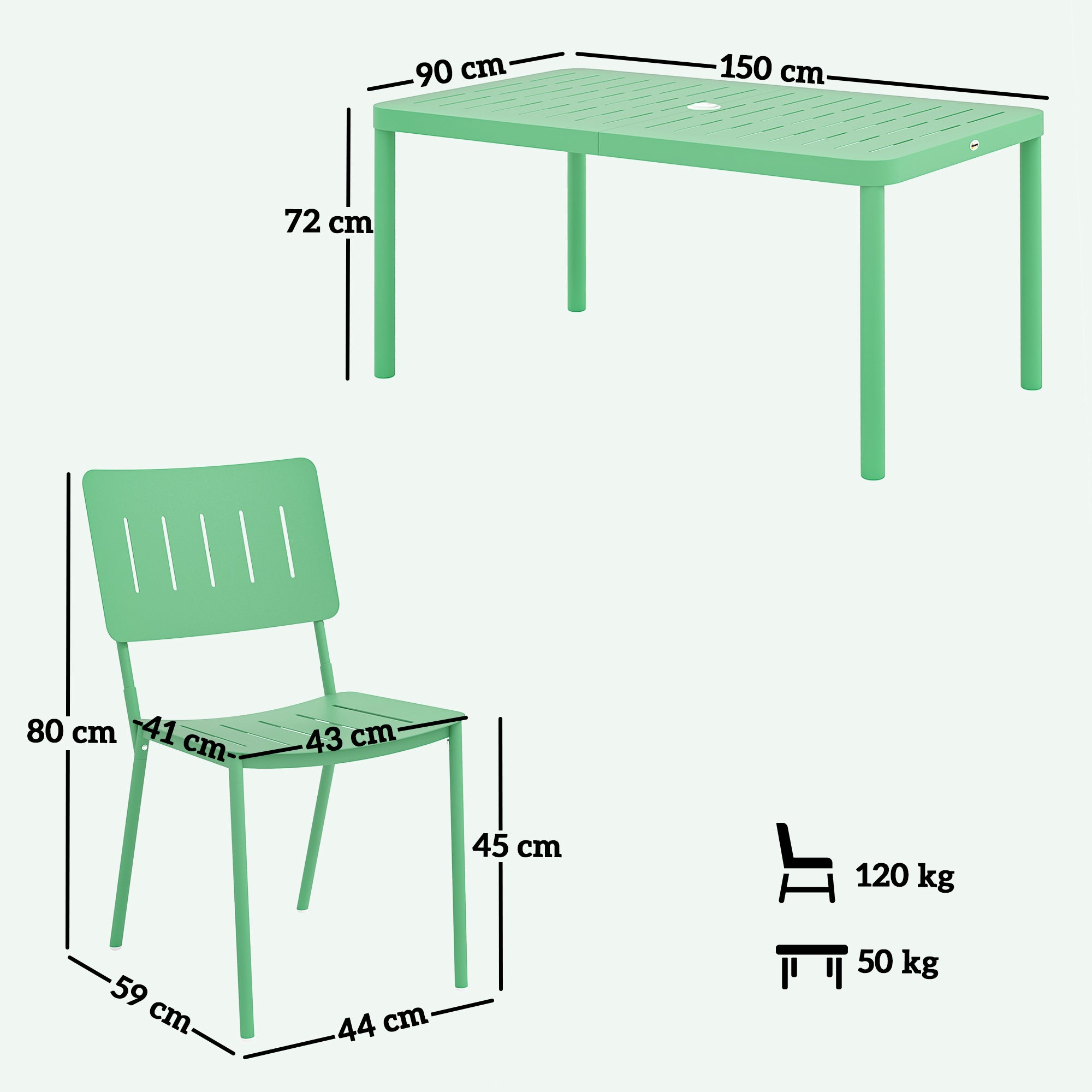 7-Piece Outdoor Garden Furniture Set, Outdoor Dining Table with 6 Chairs, 150 cm Slatted Tabletop, Rust-Resistant Steel Frame, Garden Furniture, Patio, Green