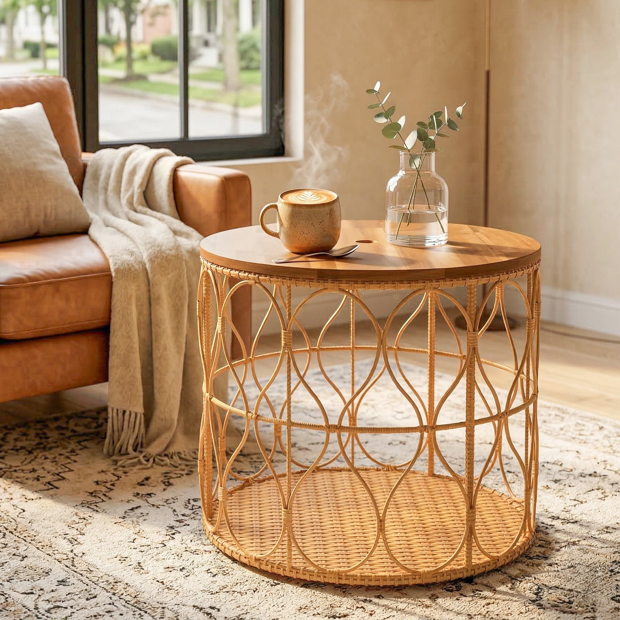Side Table, 19.7-inch Round Weatherproof Garden Table with Rattan Look, Acacia Wood Top, Adjustable Feet, 176 lb Capacity, Bistro Table for Garden Terrace Balcony — Teak