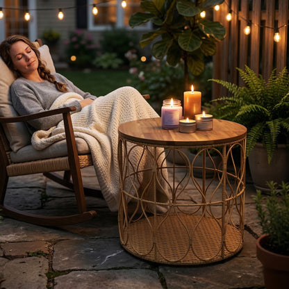 Side Table, 19.7-inch Round Weatherproof Garden Table with Rattan Look, Acacia Wood Top, Adjustable Feet, 176 lb Capacity, Bistro Table for Garden Terrace Balcony — Teak