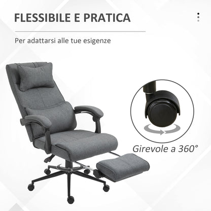 Ergonomic and Padded Office Chair with Adjustable Height, Study Chair with Armrests, Headrest, Footrest, and 5 Wheels, 66x69x115-123cm, Grey