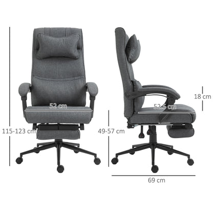 Ergonomic and Padded Office Chair with Adjustable Height, Study Chair with Armrests, Headrest, Footrest, and 5 Wheels, 66x69x115-123cm, Grey