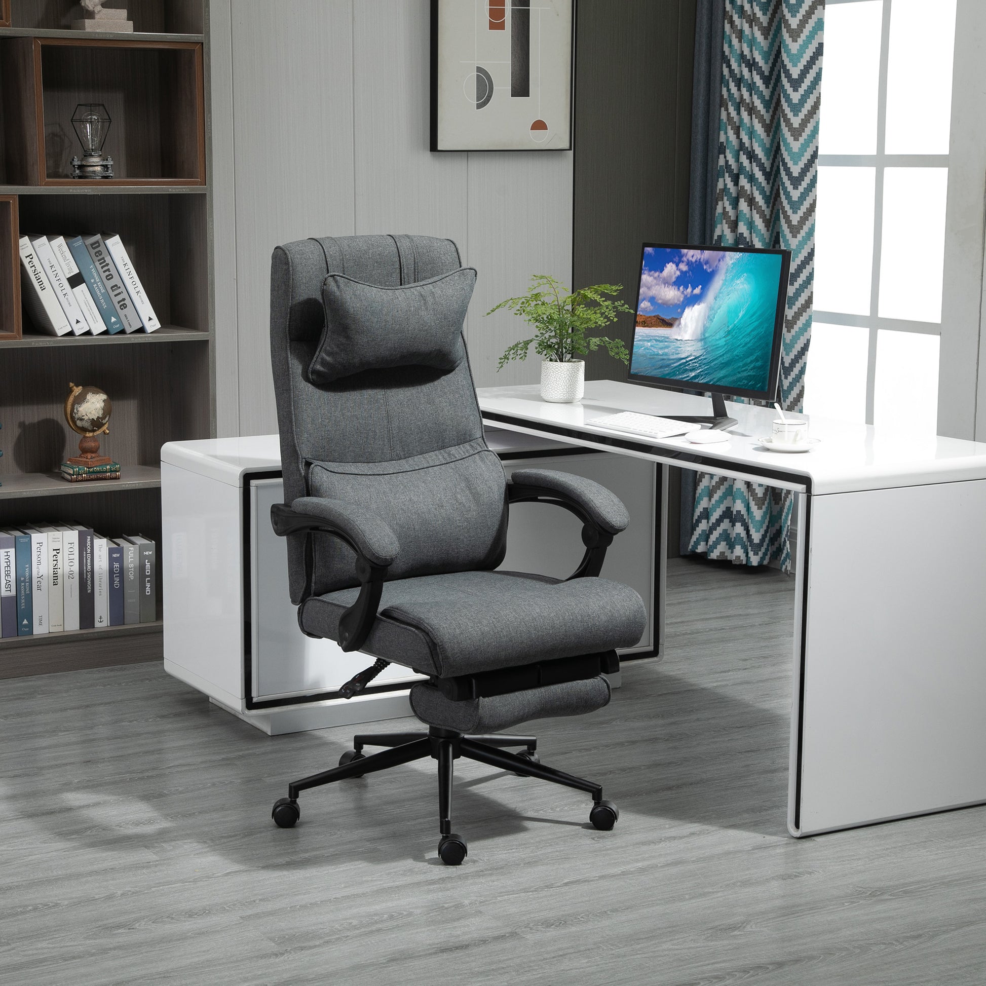 Ergonomic and Padded Office Chair with Adjustable Height, Study Chair with Armrests, Headrest, Footrest, and 5 Wheels, 66x69x115-123cm, Grey