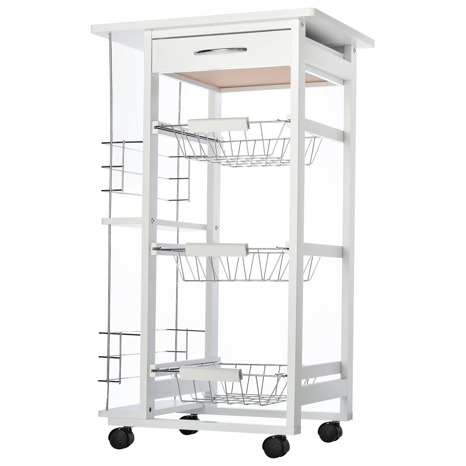 Kitchen Service Trolley with Wheels Multi-Storage 3 Metal Baskets Drawer + 2 Bottle Racks White Pine Wood