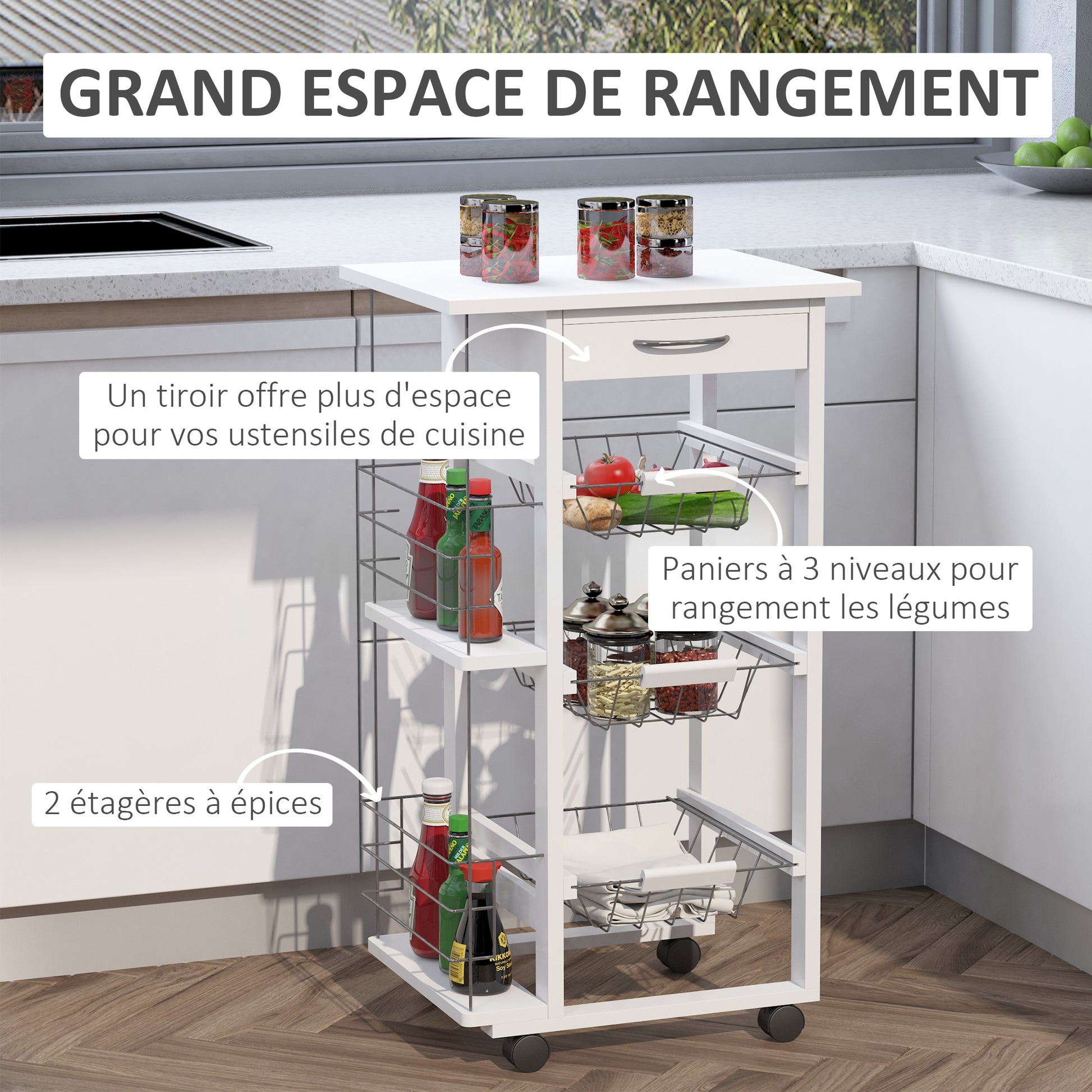 Kitchen Service Trolley with Wheels Multi-Storage 3 Metal Baskets Drawer + 2 Bottle Racks White Pine Wood