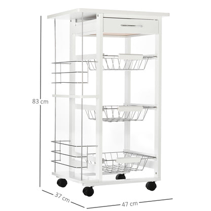 Kitchen Service Trolley with Wheels Multi-Storage 3 Metal Baskets Drawer + 2 Bottle Racks White Pine Wood