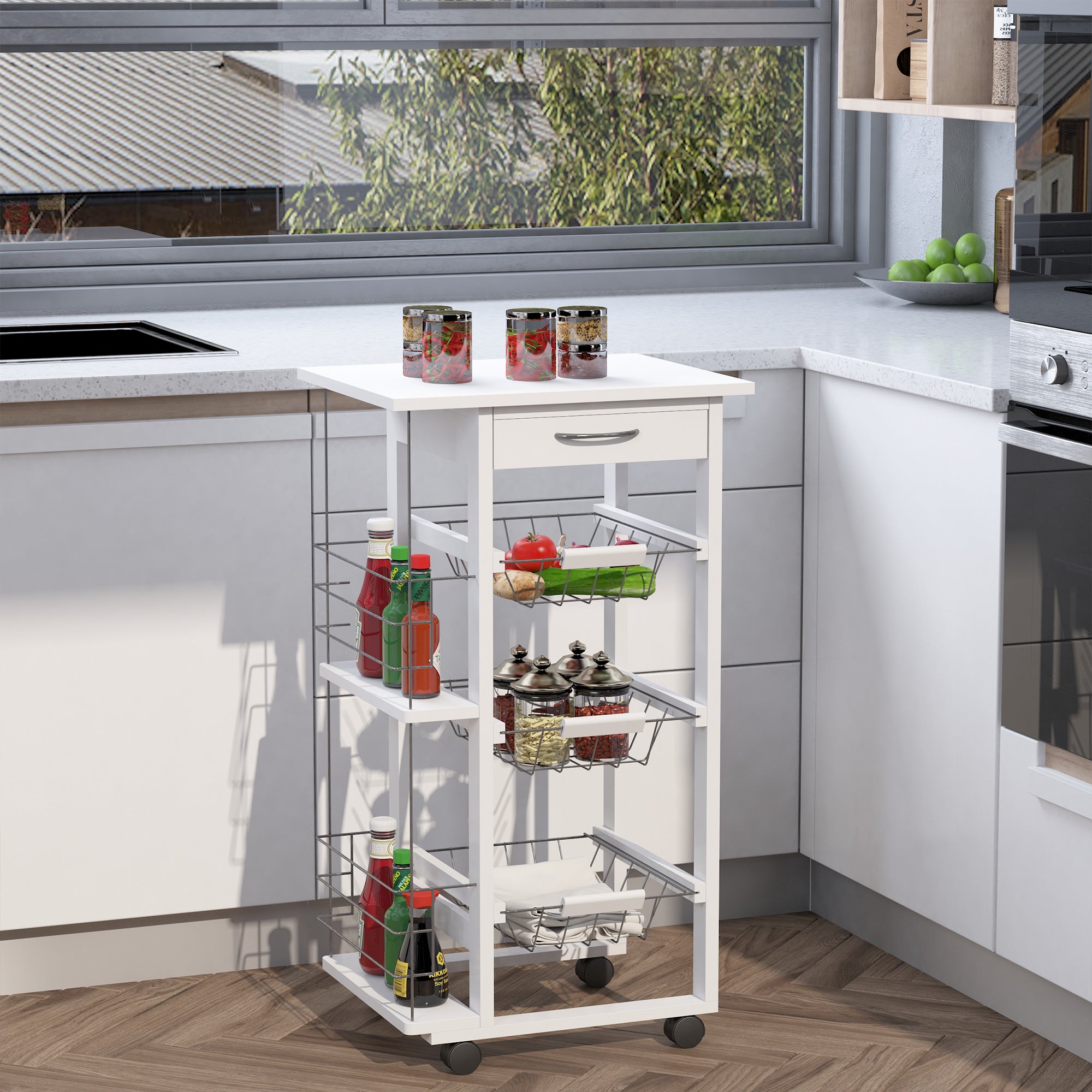 Kitchen Service Trolley with Wheels Multi-Storage 3 Metal Baskets Drawer + 2 Bottle Racks White Pine Wood