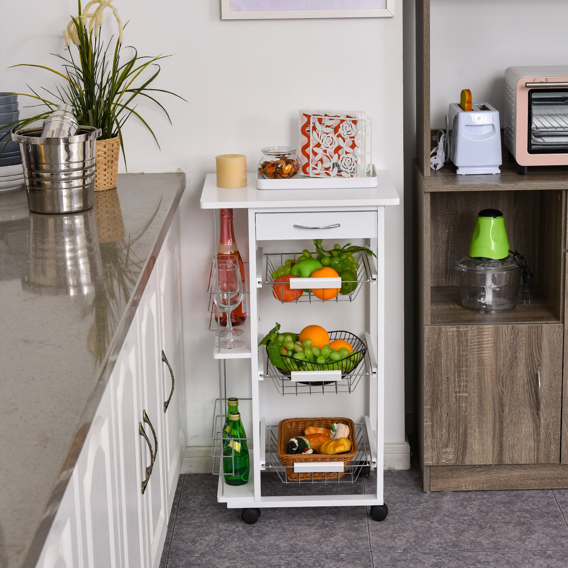 Kitchen Service Trolley with Wheels Multi-Storage 3 Metal Baskets Drawer + 2 Bottle Racks White Pine Wood