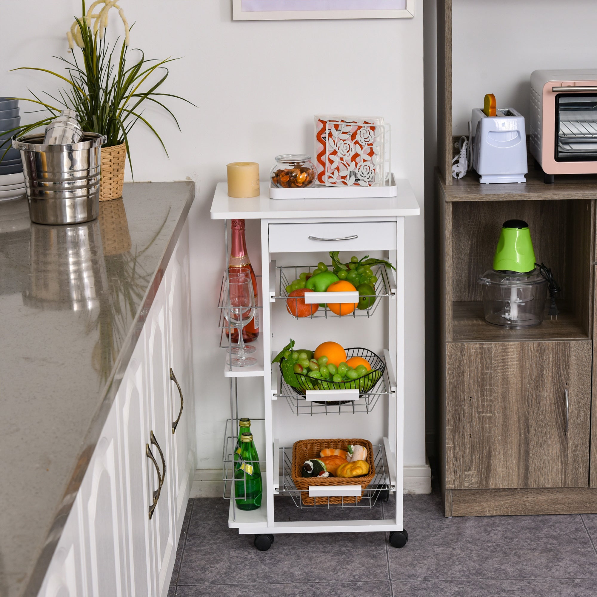 Kitchen Service Trolley with Wheels Multi-Storage 3 Metal Baskets Drawer + 2 Bottle Racks White Pine Wood