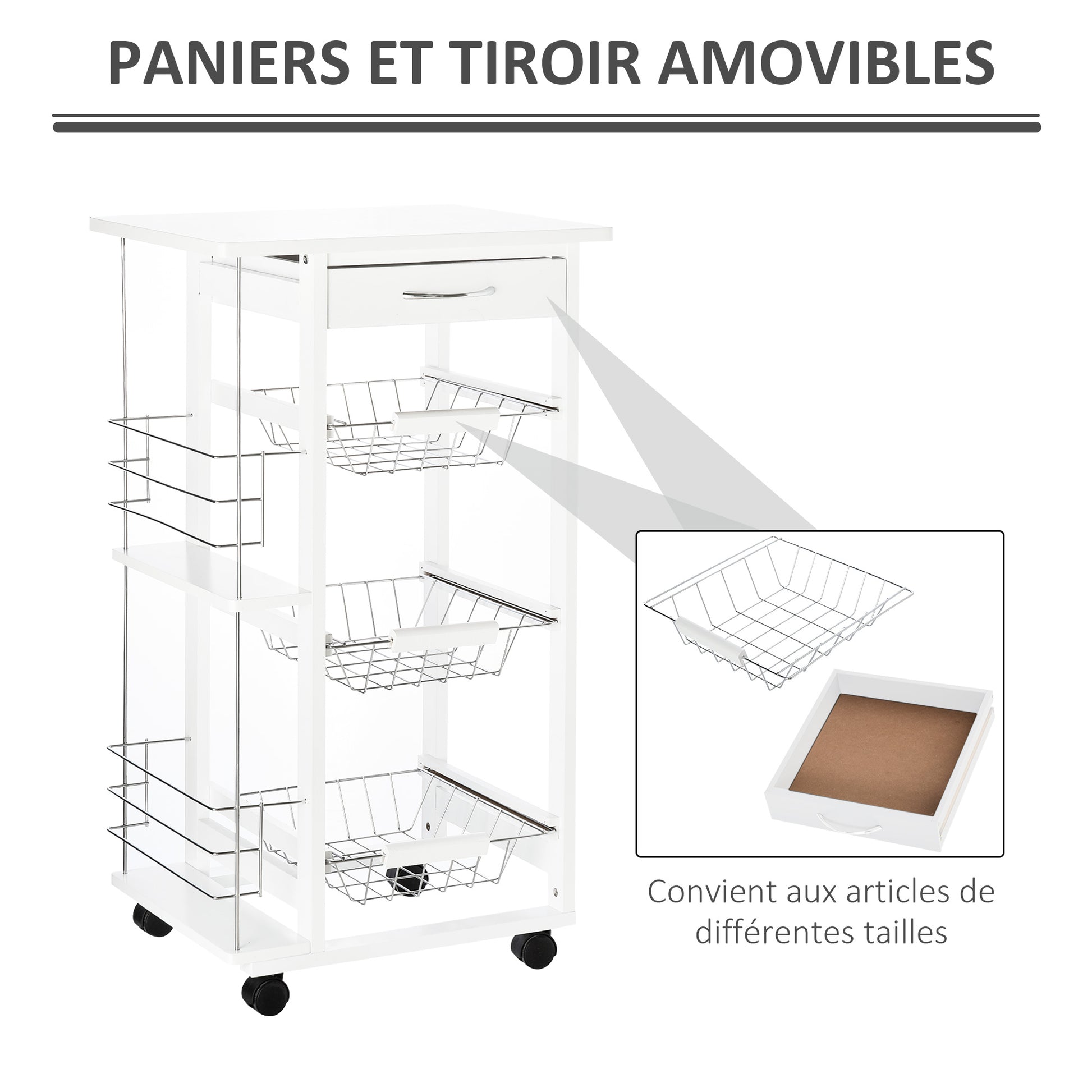 Kitchen Service Trolley with Wheels Multi-Storage 3 Metal Baskets Drawer + 2 Bottle Racks White Pine Wood