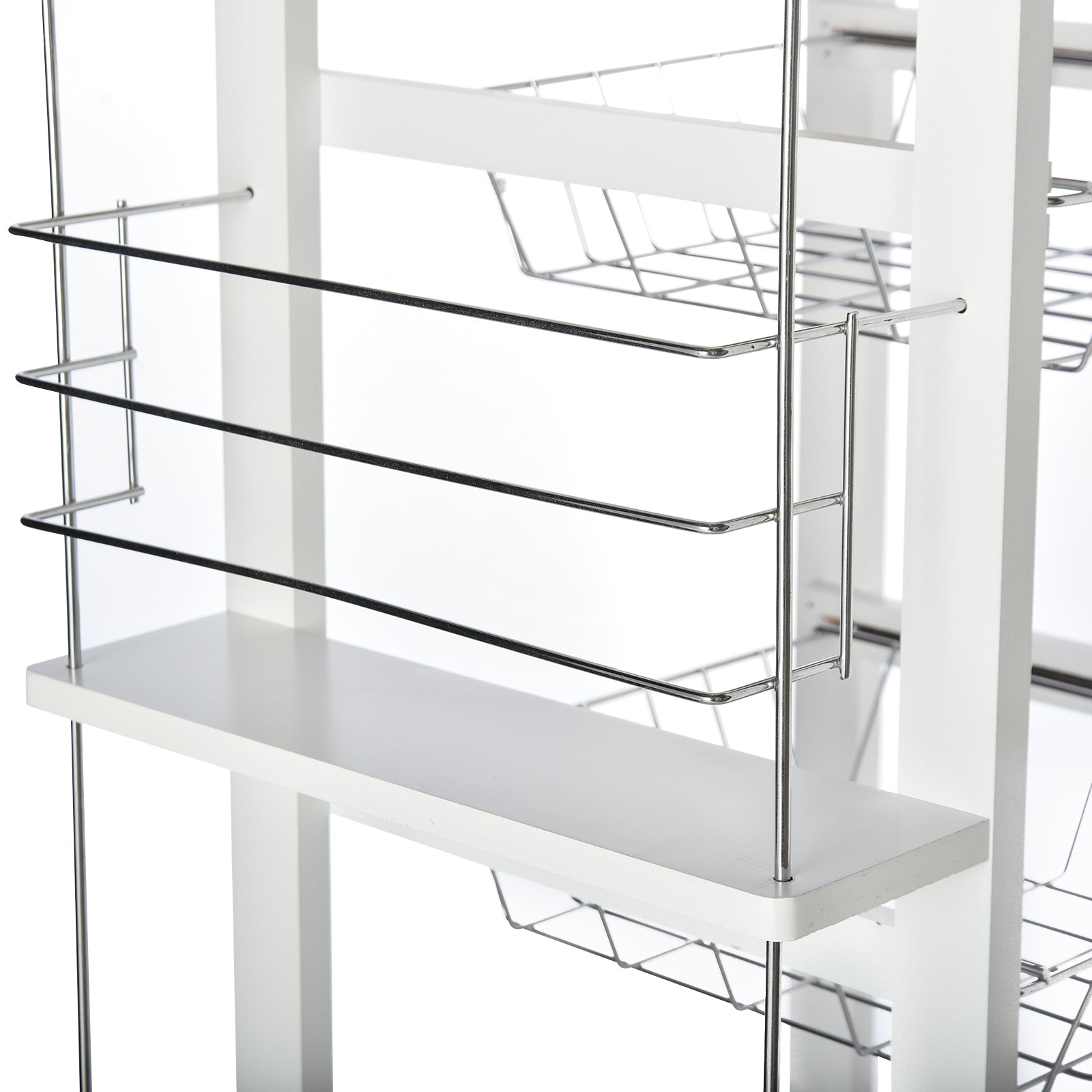 Kitchen Service Trolley with Wheels Multi-Storage 3 Metal Baskets Drawer + 2 Bottle Racks White Pine Wood