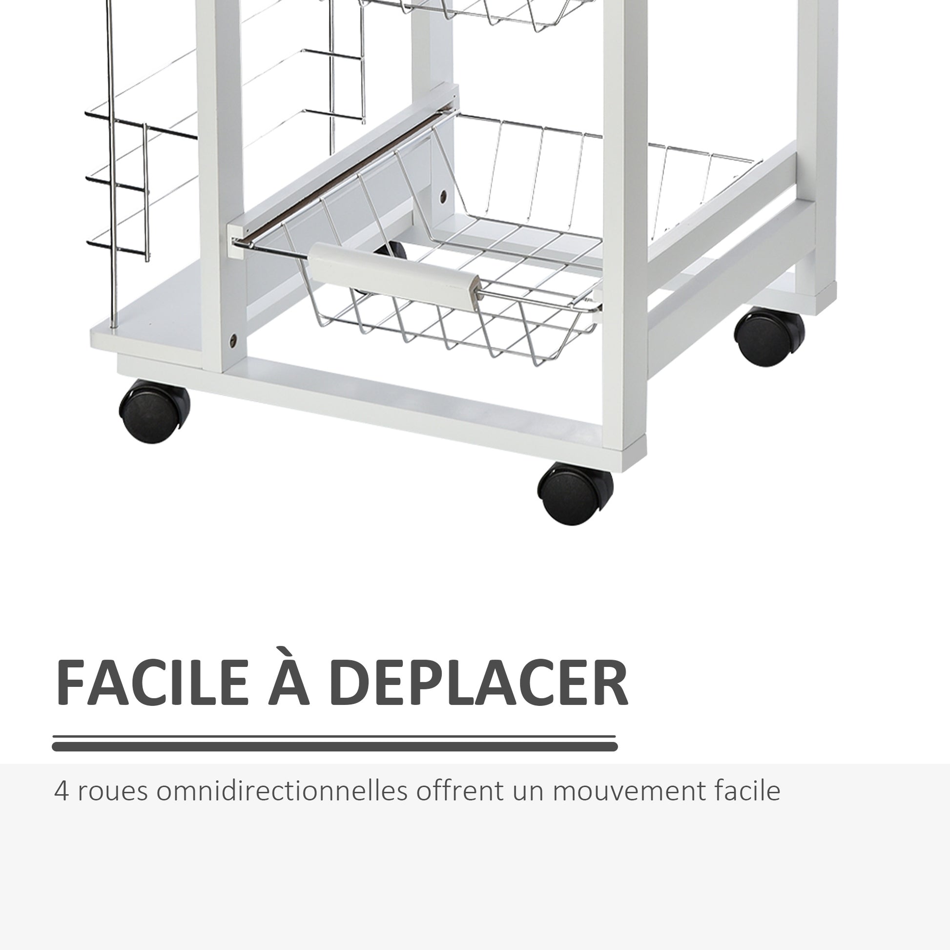 Kitchen Service Trolley with Wheels Multi-Storage 3 Metal Baskets Drawer + 2 Bottle Racks White Pine Wood
