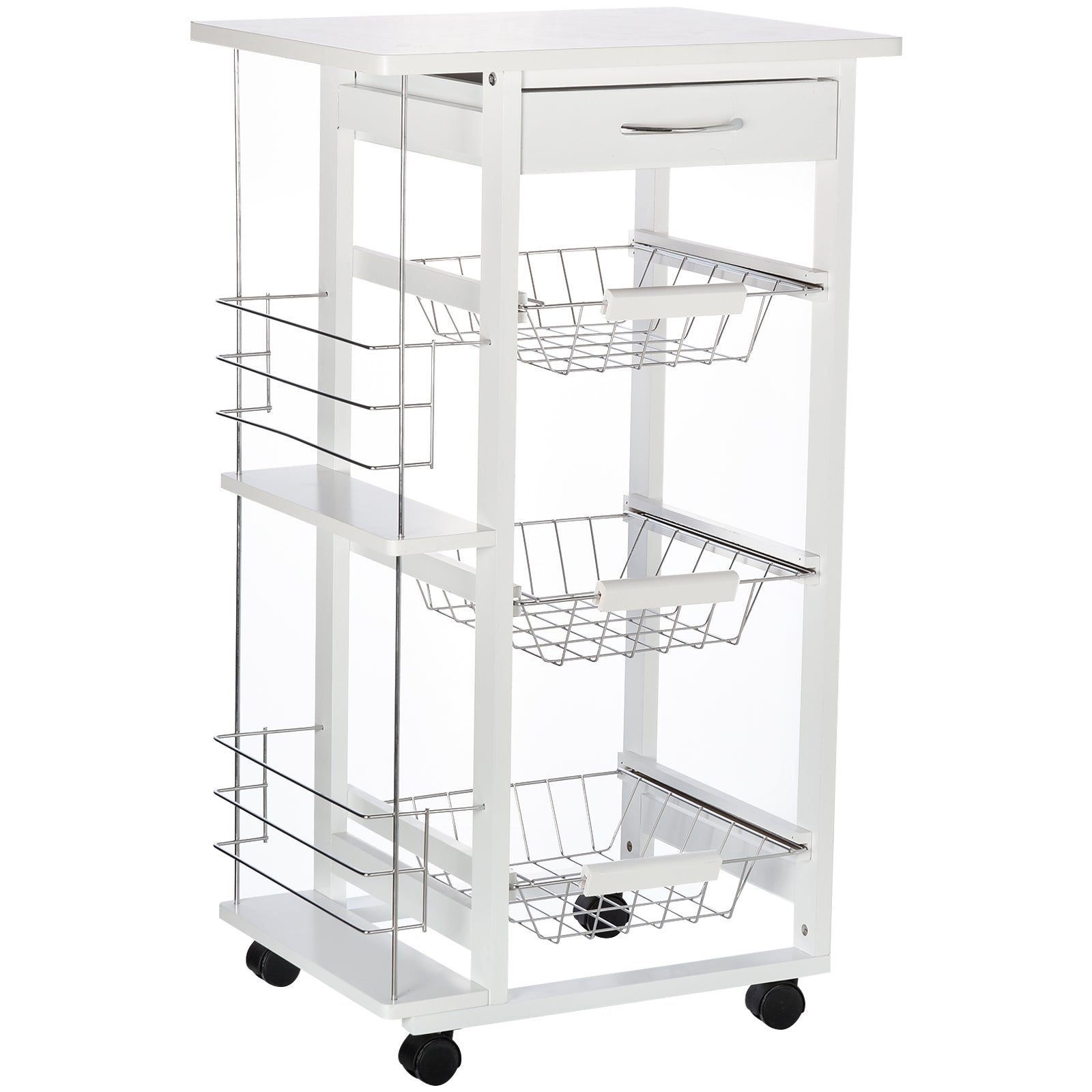 Kitchen Service Trolley with Wheels Multi-Storage 3 Metal Baskets Drawer + 2 Bottle Racks White Pine Wood