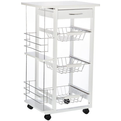 Kitchen Service Trolley with Wheels Multi-Storage 3 Metal Baskets Drawer + 2 Bottle Racks White Pine Wood