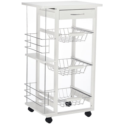 Kitchen Service Trolley with Wheels Multi-Storage 3 Metal Baskets Drawer + 2 Bottle Racks White Pine Wood