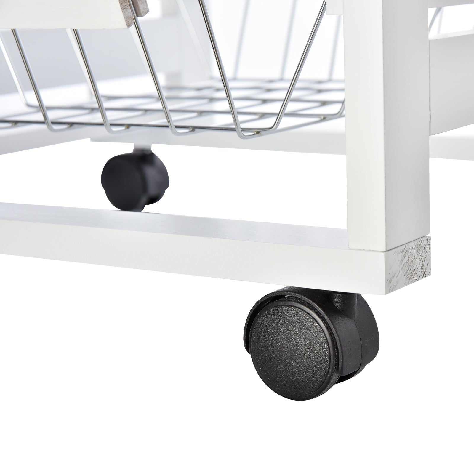 Kitchen Service Trolley with Wheels Multi-Storage 3 Metal Baskets Drawer + 2 Bottle Racks White Pine Wood