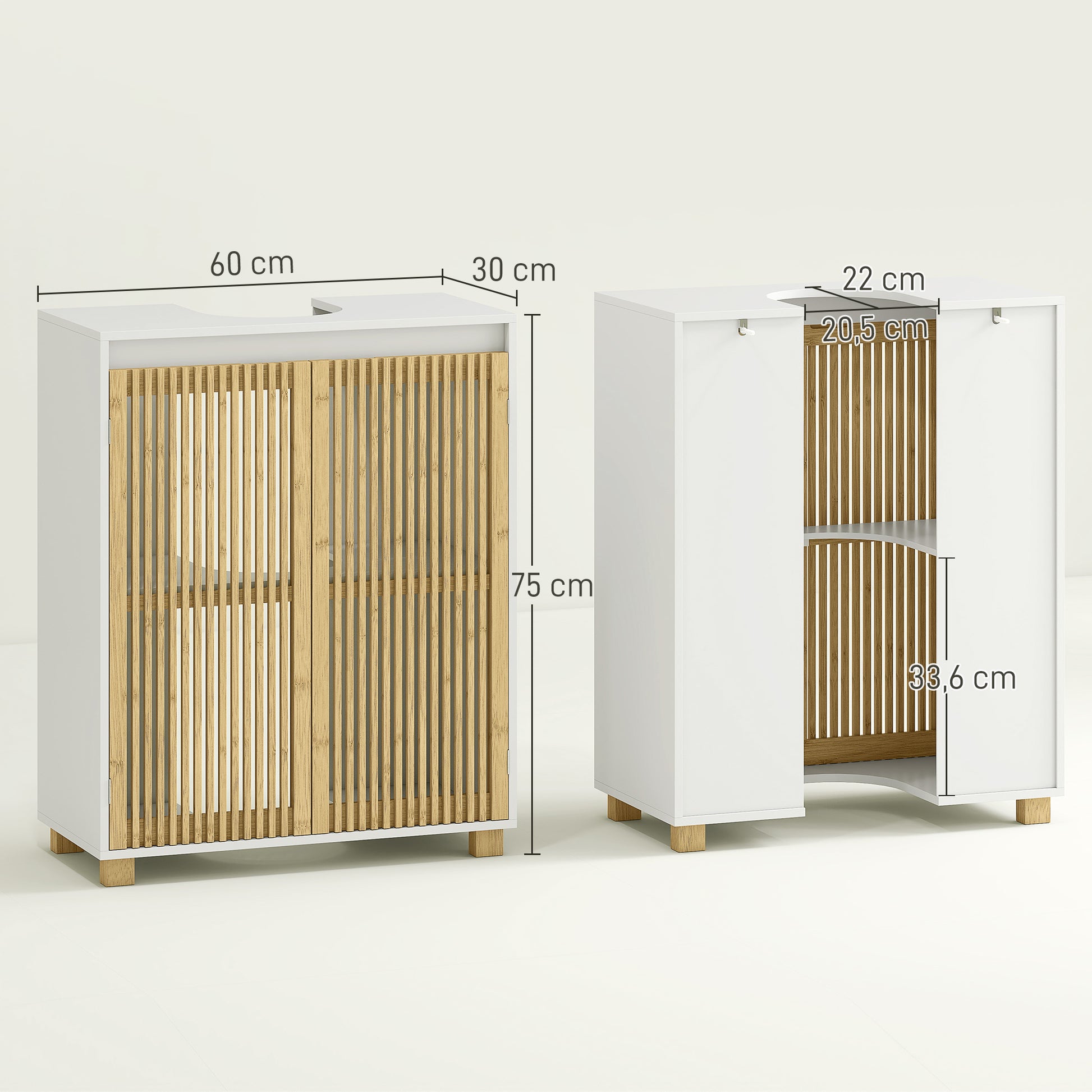 Under Sink Bathroom Cabinet Storage Unit for Pedestal Sink - Bamboo Slatted Door Cupboard, 60 x 30 x 75 cm, Natural Wood Effect
