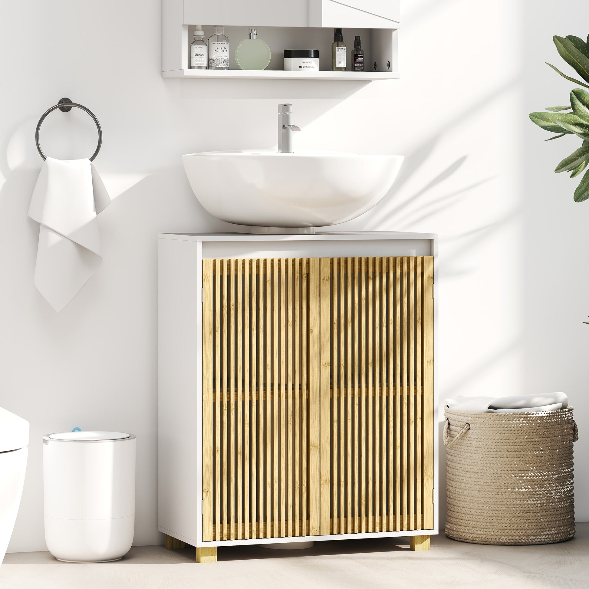 Under Sink Bathroom Cabinet Storage Unit for Pedestal Sink - Bamboo Slatted Door Cupboard, 60 x 30 x 75 cm, Natural Wood Effect